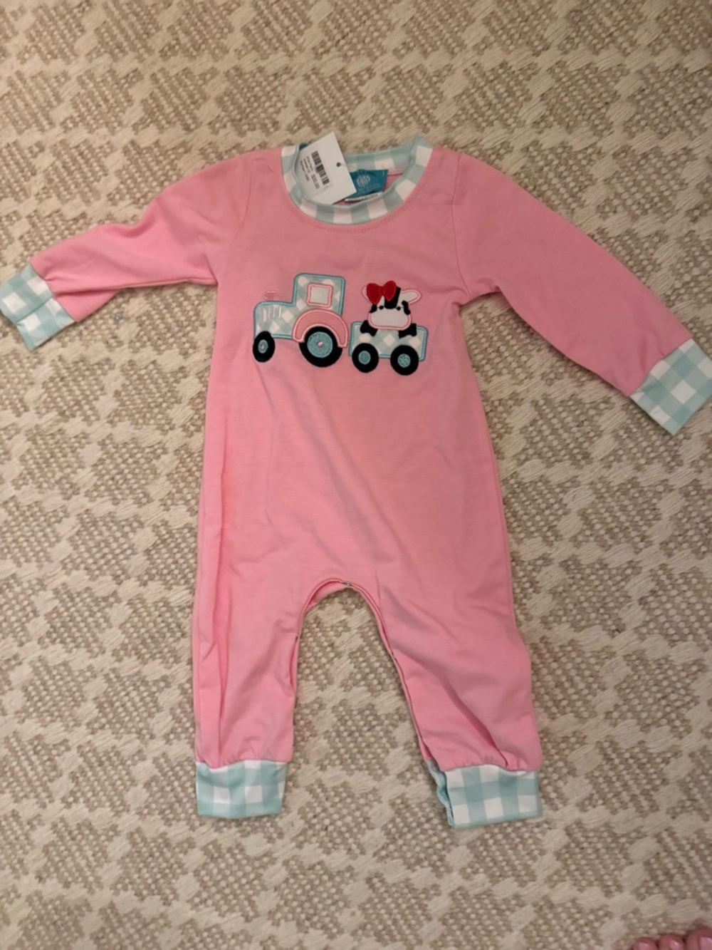 Pink Tractor Romper with Gingham Trim